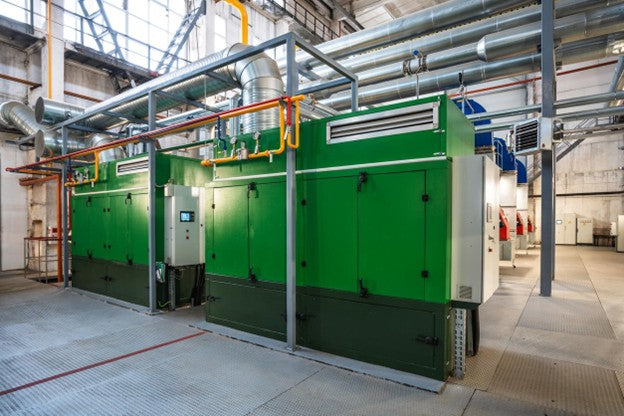 A rental generator set is in a warehouse to provide vital backup power. 